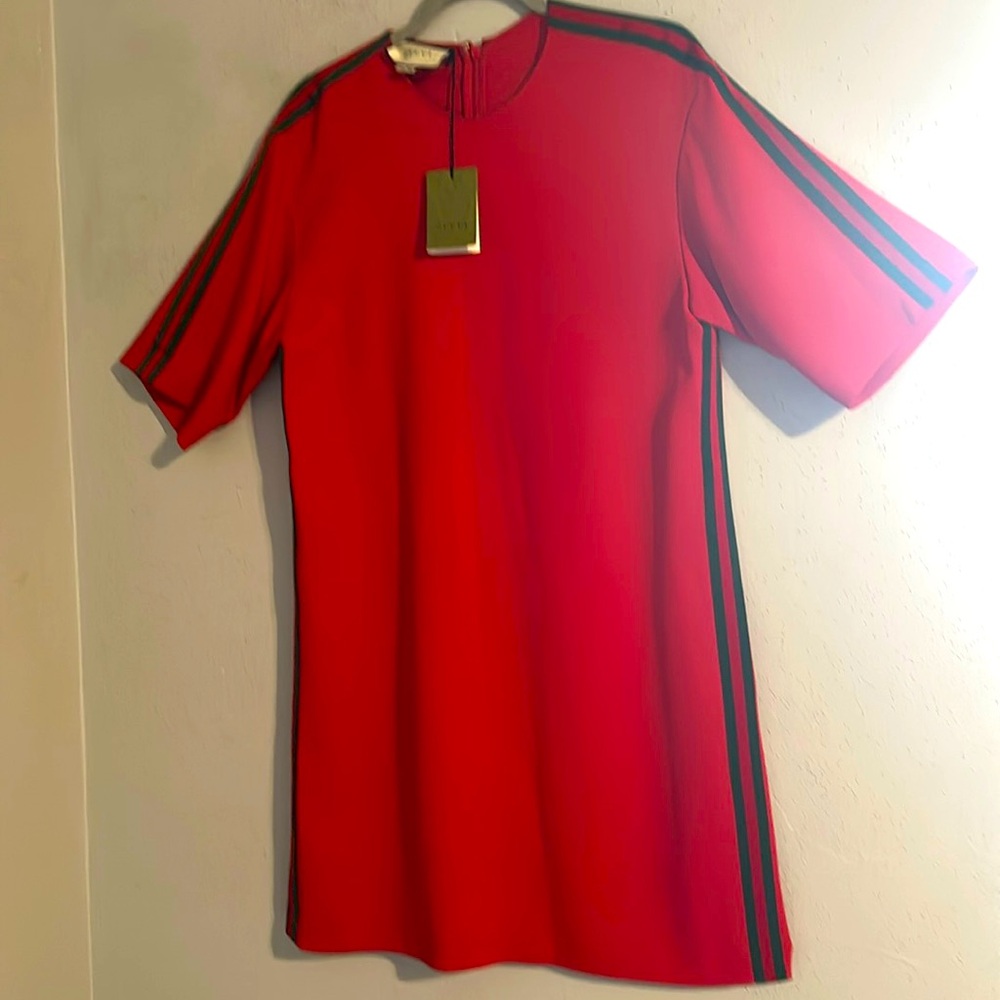 Gucci red knee length dress with green & red stripes down the sleeves  NWT